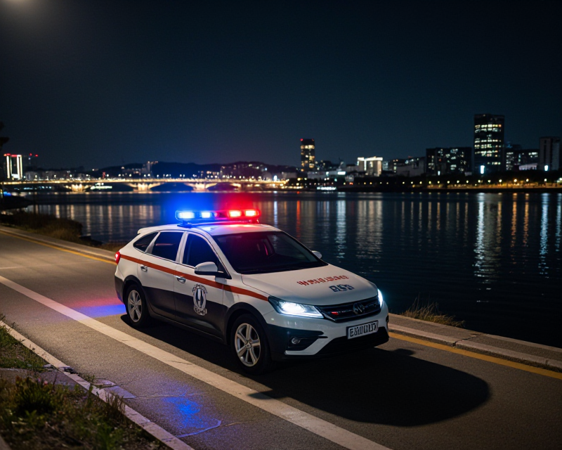 Night view of Hangang Park with police lights