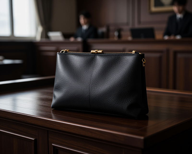 Luxury clutch bag in a courtroom setting