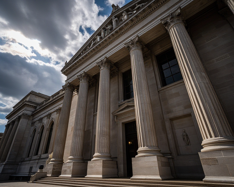 Grand Museum Entrance with Political Tension